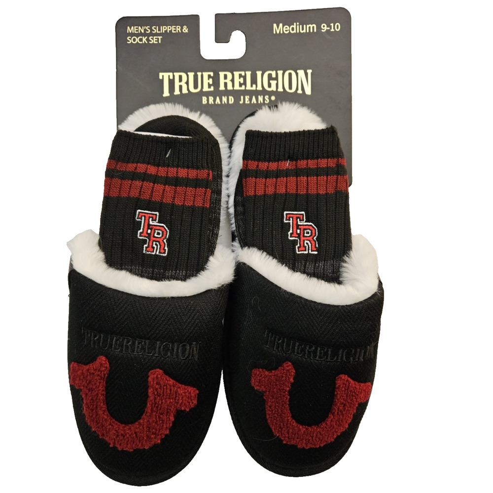 True Religion Men's Slippers Socks set House Slides Size M 9- 10 Black Red